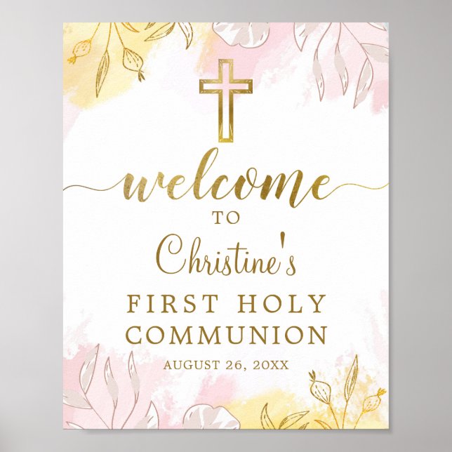 Pastel Pink Gold Floral Erste Kommune Willkommen Poster (Vorne)