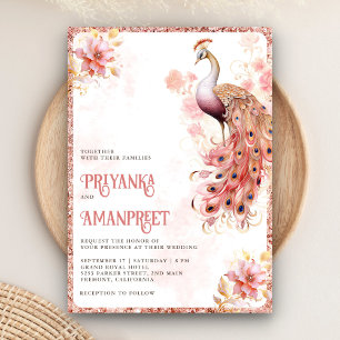 Pastel Pink Gold Floral Indian Peacock Wedding Einladung