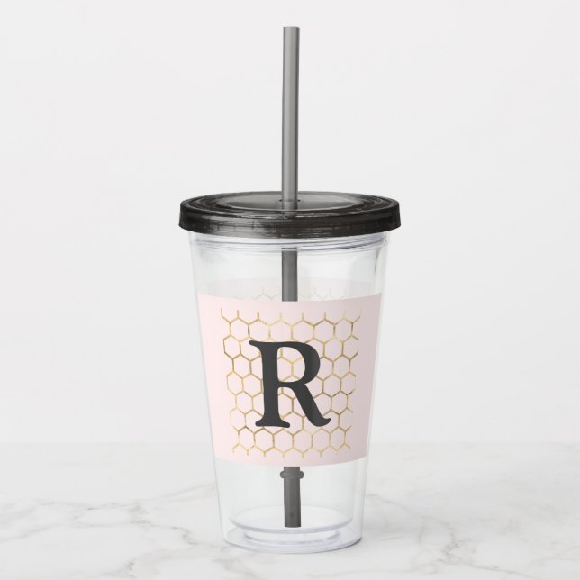 Pastel Pink Gold Hexagon Monogramm Acryltrinkbecher (Vorderseite)
