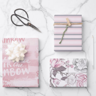 PASTEL PINK GRAU WHITE BLUME & STREIFEN GESCHENKPAPIER SET
