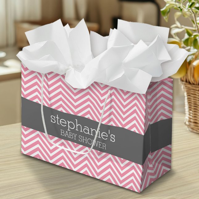 Pastel Pink & Gray Chevrons Baby Showkollektion Große Geschenktüte (Custom Gift Bag)