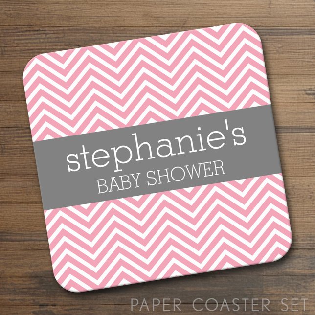 Pastel Pink & Gray Chevrons Baby Showkollektion Rechteckiger Pappuntersetzer (Custom Coaster Set)