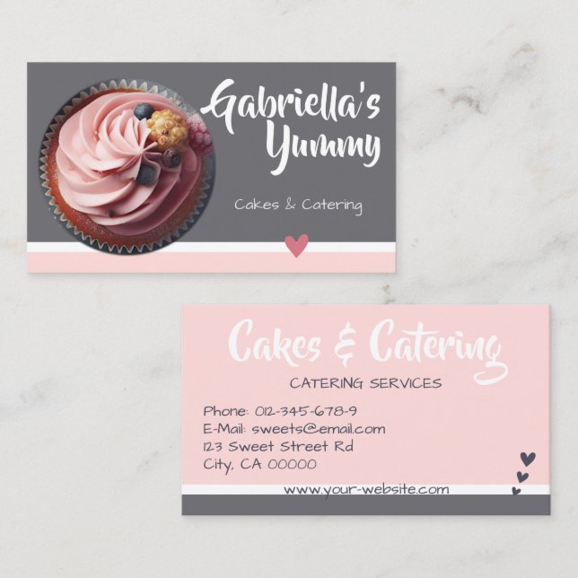 Pastel Pink Gray Cupcake Kuchen Fotovorlage Sweet Visitenkarte (Vorne/Hinten)