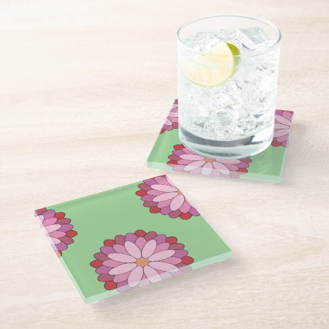 Pastel Pink Green Asian Medallion Floral Glasuntersetzer (Schrägansicht)