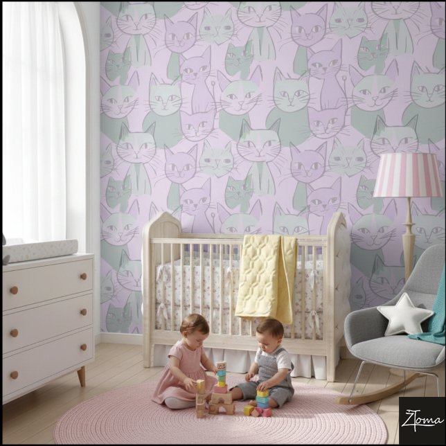 Pastel Pink Green MCM Cat Pattern Tapete (Von Creator hochgeladen)