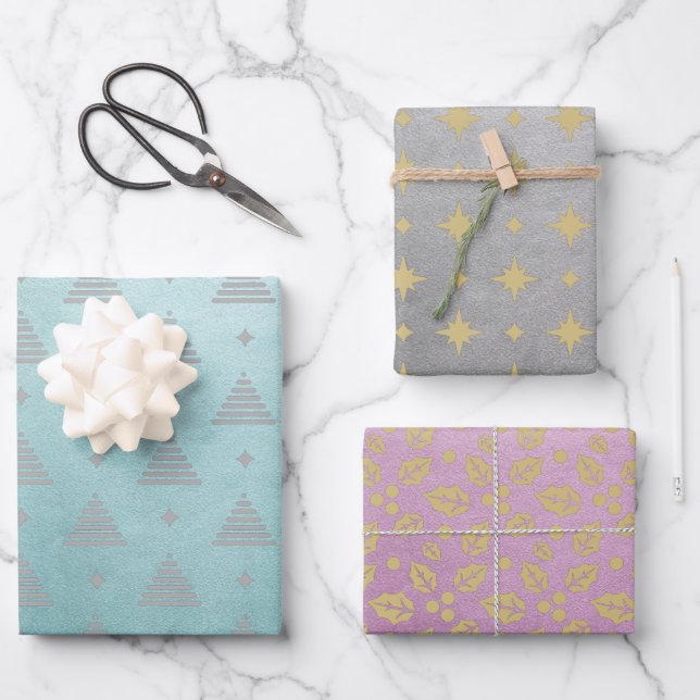 Pastel Pink Green Silver Modernes Weihnachtsmuster Geschenkpapier Set (Vorderseite)