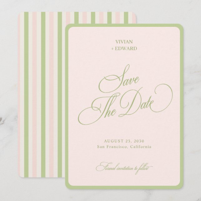 Pastel Pink & Green Stripes Border Retro Wedding Save The Date (Vorne/Hinten)