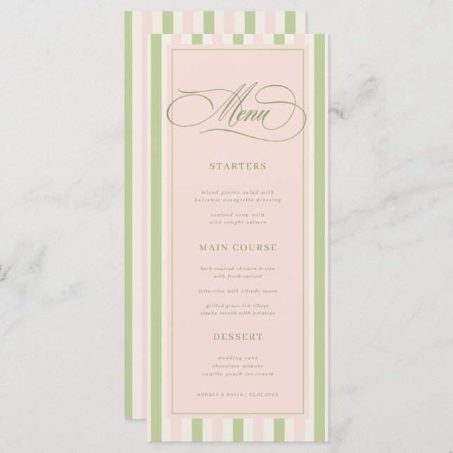 Pastel Pink & Green Stripes Retro Wedding Menu Menükarte (Vorne/Hinten)