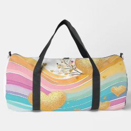 PASTEL PINK GREEN YELLOW LILA GOLD HEARS DUFFLE BAG