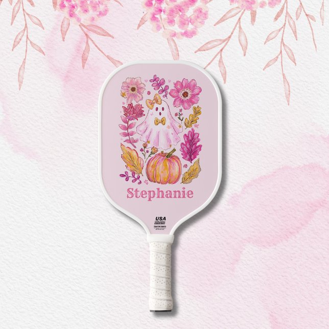 Pastel Pink Halloween Ghost with Custom Name Pickleball Schläger (Von Creator hochgeladen)