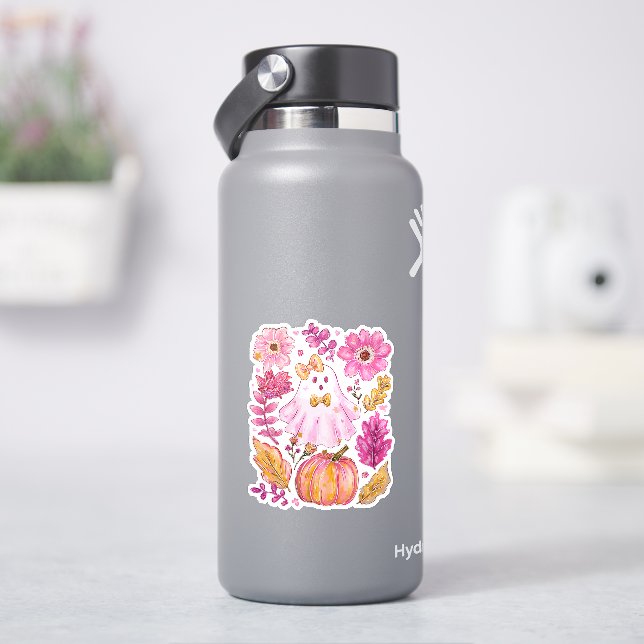 Pastel Pink Halloween Ghost with Flowers and Pumpk Aufkleber (HydroFlask)