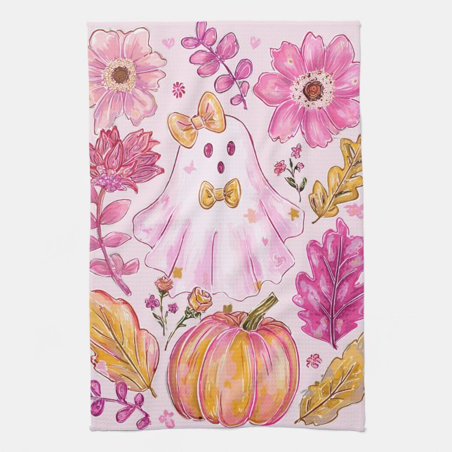 Pastel Pink Halloween Ghost with Flowers and Pumpk Geschirrtuch (Vertikal)