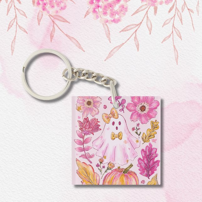 Pastel Pink Halloween Ghost with Flowers and Pumpk Schlüsselanhänger (Von Creator hochgeladen)