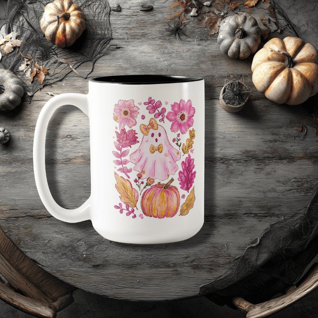 Pastel Pink Halloween Ghost Zweifarbige Tasse (Von Creator hochgeladen)