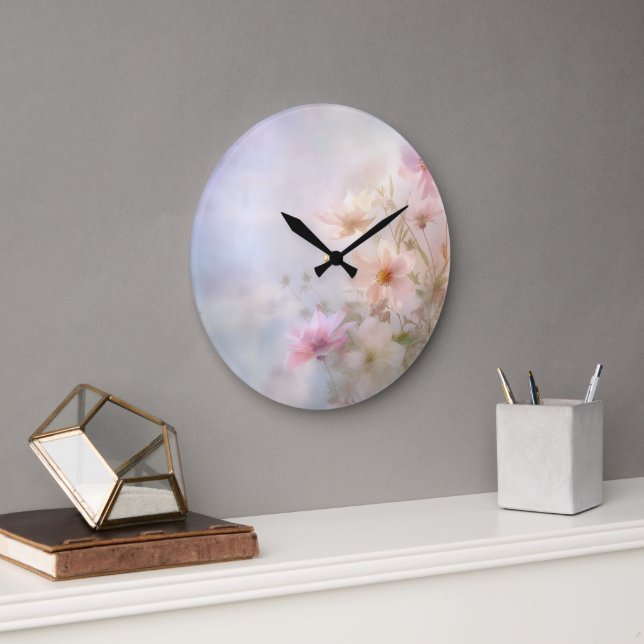 Pastel Pink Hazy Spring Petals Florals von Ava Große Wanduhr (Büro)