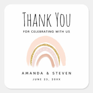 Pastel Pink & Imitate Glitzer Boho Rainbow Wedding Quadratischer Aufkleber