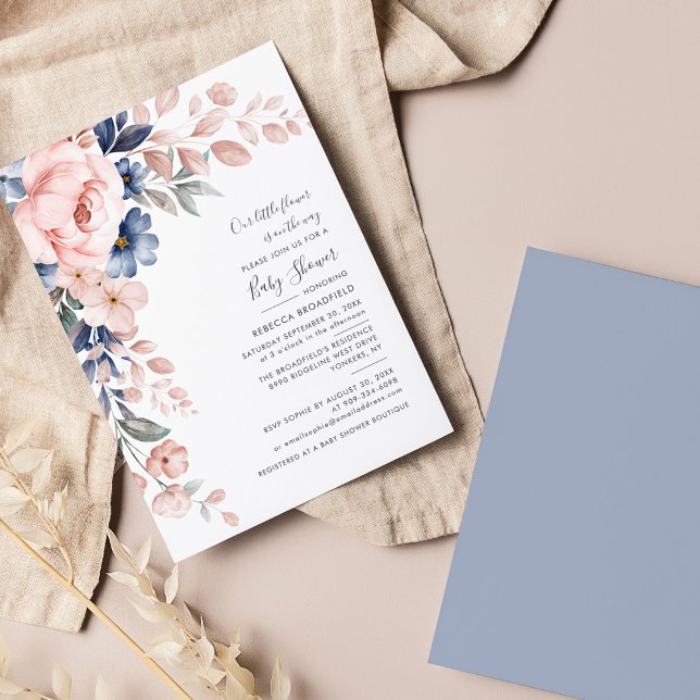 Pastel Pink Indigo Blue Floral Bloom Baby Dusche Einladung (Pink Floral Script Watercolor Baby Shower Invitation)