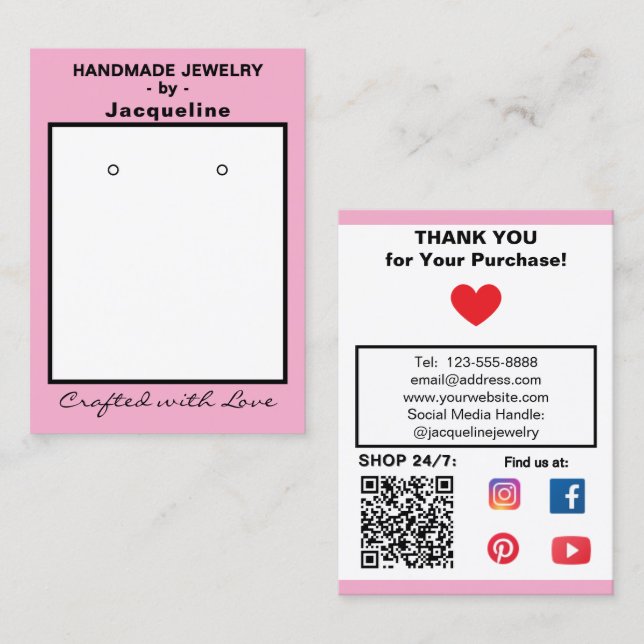 Pastel Pink Jewelry Earrings Social QR Code Visitenkarte (Vorne/Hinten)