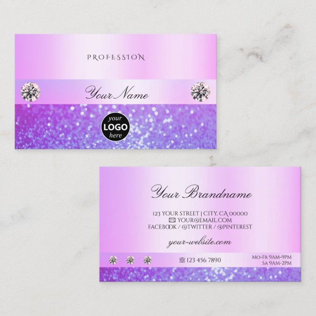 Pastel Pink Lila Glitzer Juwelen und Logo Glamour Visitenkarte (Vorne/Hinten)