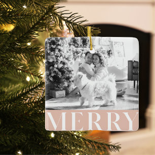 Pastel Pink Merry & Family Foto Happy Holiday Keramikornament