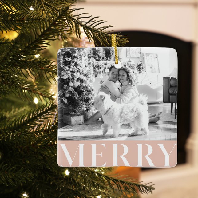 Pastel Pink Merry & Family Foto Happy Holiday Keramikornament (Von Creator hochgeladen)