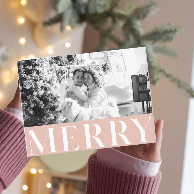 Pastel Pink Merry & Family Foto Happy Holiday Postkarte (Von Creator hochgeladen)