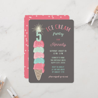 Pastel Pink Mint Ice Cream Girl 5th Birthday Party Einladung