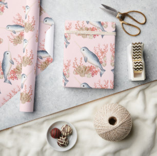 Pastel Pink Ocean Baby Narwhal farbenfrohe Muschel Geschenkpapier