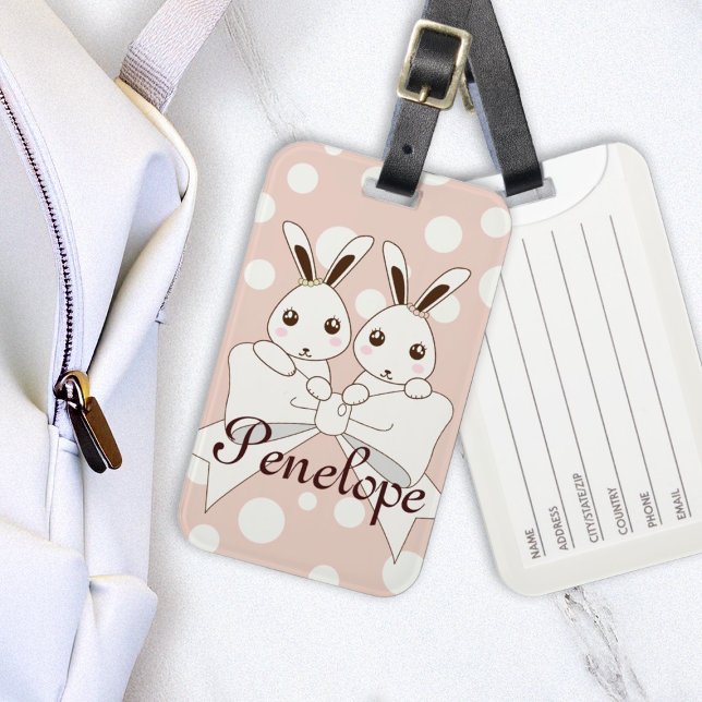Pastel Pink Off-White Ribbon Niedlich Twin Bunny K Gepäckanhänger (Von Creator hochgeladen)
