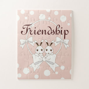 Pastel Pink Off-White Ribbon Niedlich Twin Bunny K Puzzle