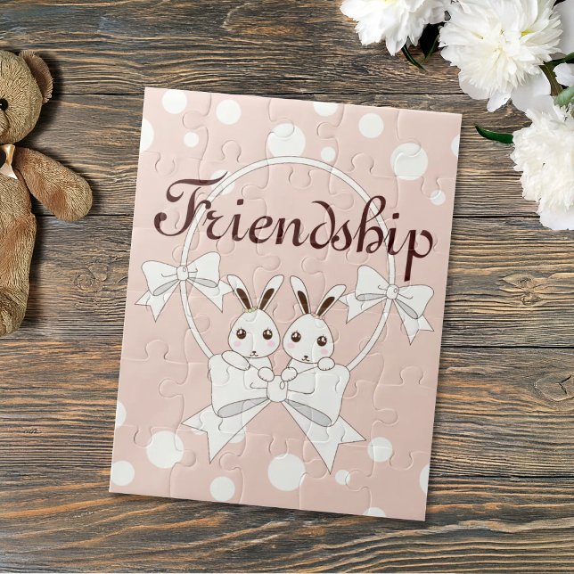 Pastel Pink Off-White Ribbon Niedlich Twin Bunny K Puzzle (Von Creator hochgeladen)