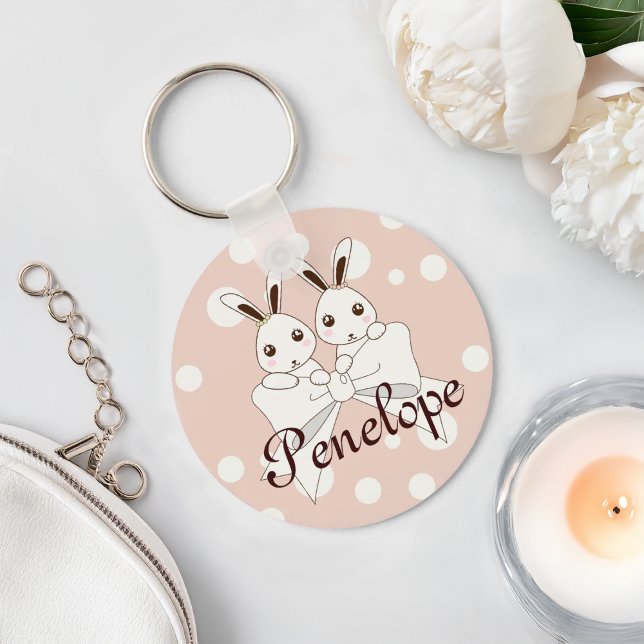 Pastel Pink Off-White Ribbon Niedlich Twin Bunny Schlüsselanhänger (Von Creator hochgeladen)