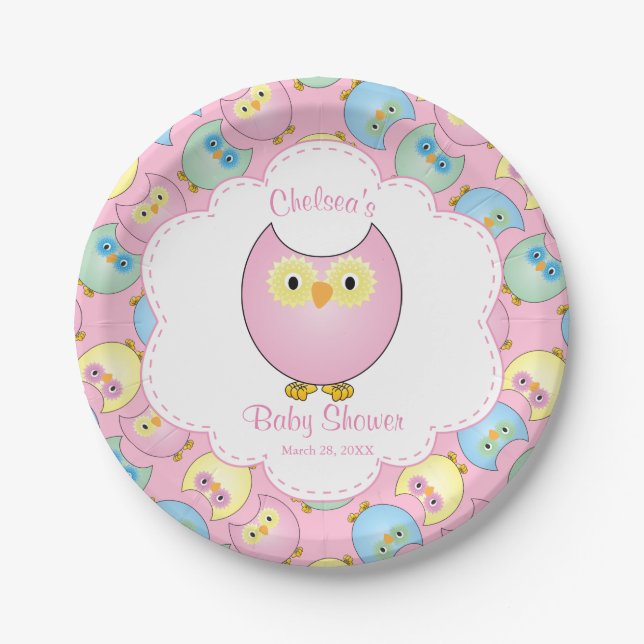 Pastel Pink Owl Baby Dusche Thema Pappteller (Vorderseite)