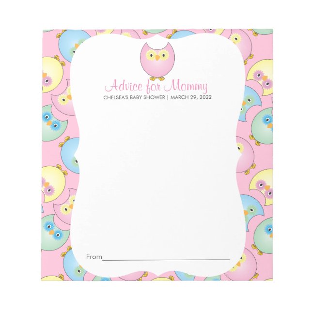 Pastel Pink Owl Babydusche - Ratschläge Notizblock (Vorderseite)