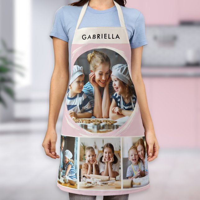 Pastel Pink Photo Collage Personalized Kitchen Schürze (A pink kitchen apron, with four custom photos and personalized name on a cream panel)