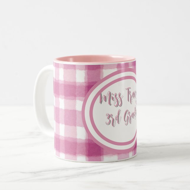 Pastel Pink Plaid Custom  Zweifarbige Tasse (Vorderseite Links)