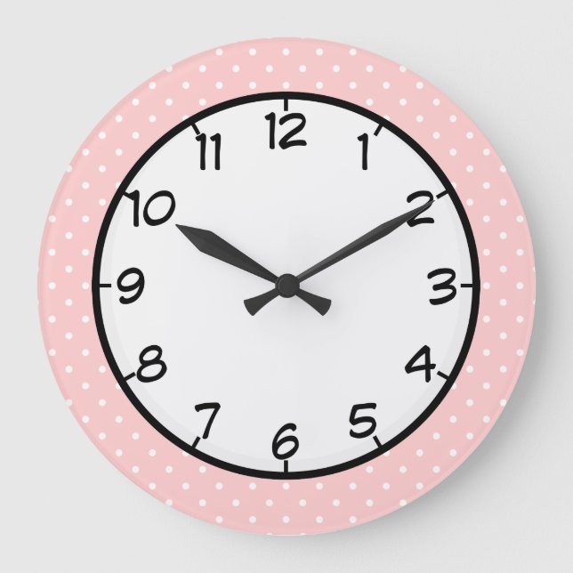 Pastel Pink Polka Dot Große Wanduhr (Vorderseite)