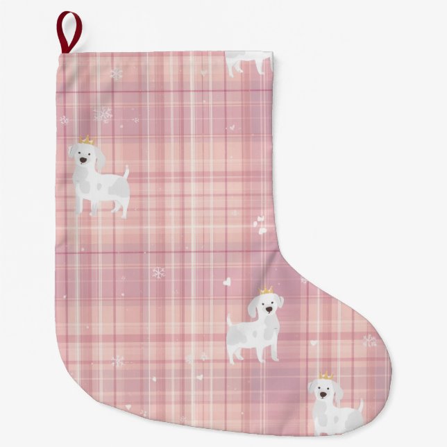 Pastel Pink Puppy Christmas Stocking with Crowns Großer Weihnachtsstrumpf (Vorderseite)