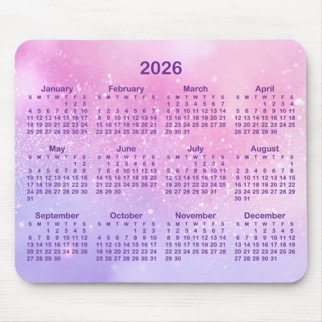 Pastel Pink Purple Glitter 2026 Calendar Mousepad (Vorne)