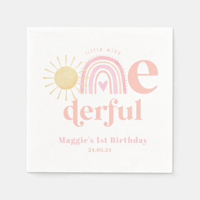 Pastel Pink Rainbow Little Miss ONEderful Birthday Serviette (Vorderseite)