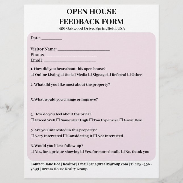Pastel Pink Real Anwesen Open House Feedback-Formu Flyer (Vorne)