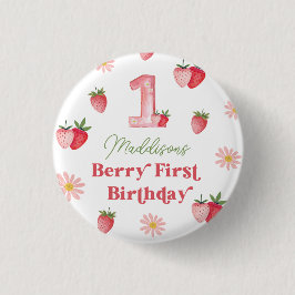 Pastel Pink & Red Berry First Strawberry Birthday Button