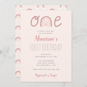Pastel Pink Regenbogenwolken Erster Geburtstag Einladung
