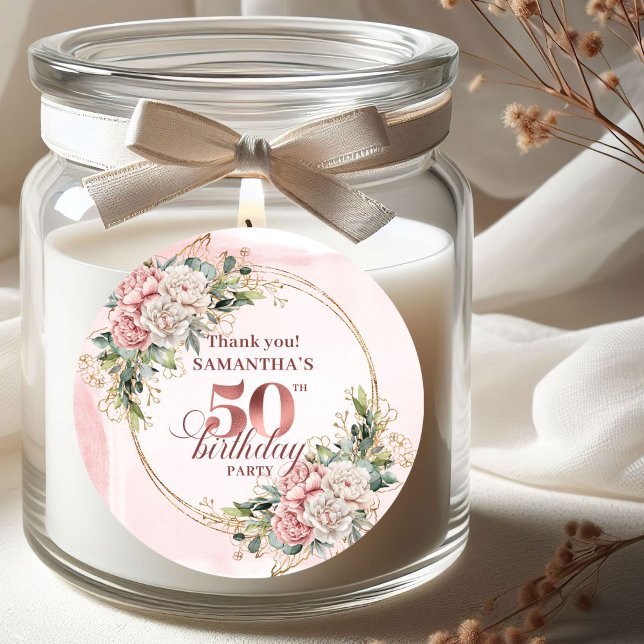 Pastel Pink Rose Gold Greenery 50th Birthday   Runder Aufkleber (Pastel Pink Rose Gold Greenery 50th Birthday Stickers)