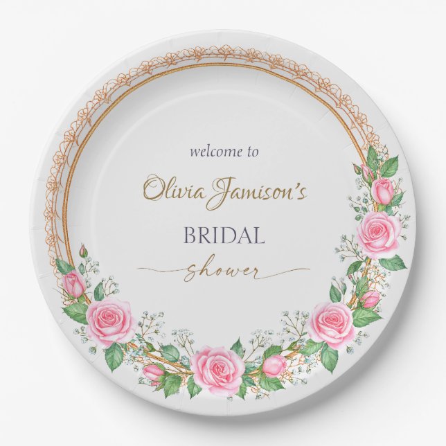 Pastel Pink Roses & Baby’s Breath Bridal Wreath Pappteller (Vorderseite)