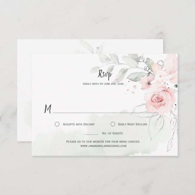 Pastel Pink Roses Blassgrüne Blätter UAWG RSVP Karte (Vorne/Hinten)