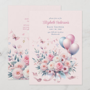 Pastel Pink Roses Ribbons Babydusche Elegant Soft Einladung
