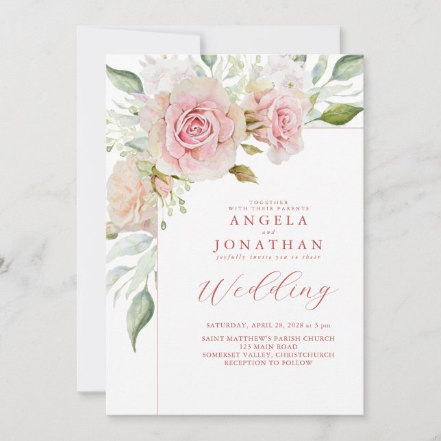 Pastel Pink Roses Wedding Einladung (Vorderseite)