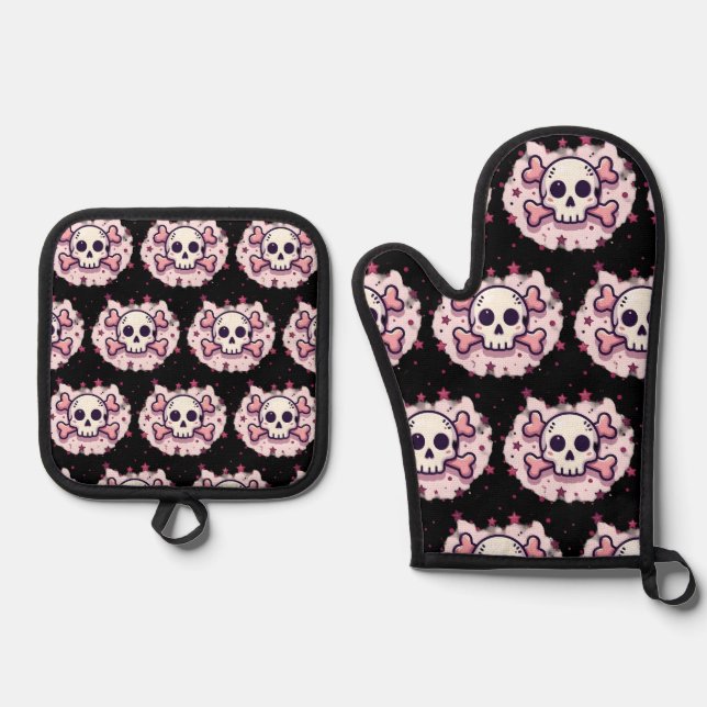 Pastel Pink Skull and Crossbones Ofenhandschuh & Topflappen-Set (Vorderseite)