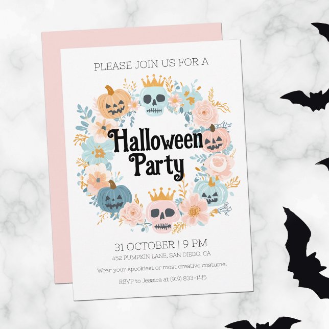 Pastel Pink Skull Pumpkin Niedliches Halloween-Par Einladung (Pastel Pink Skull Pumpkin Cute Halloween Party Invitation)